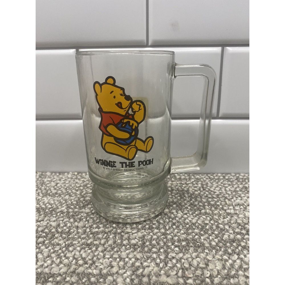 Vintage Walt Disney Productions‎ Winnie the Pooh Clear Glass Footed Mug 5.5